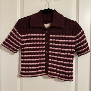 Kimchi Blue Maroon and Pink Striped Cropped Knit Top, XS